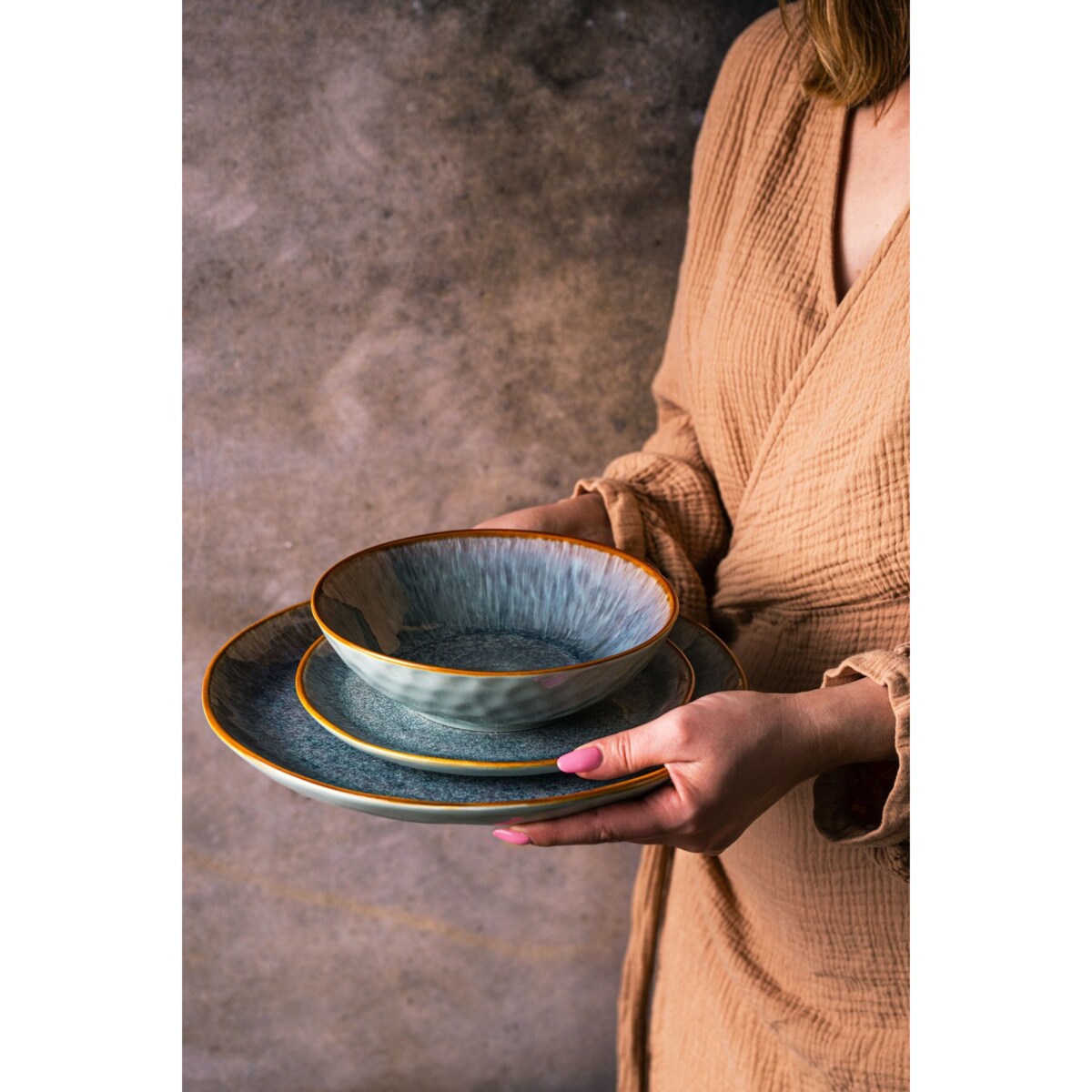 Serwis obiadowy Aokari niebiesko-biały na 6 osób 18 szt. Nowoczesny Do zmywarki Komplet talerzy