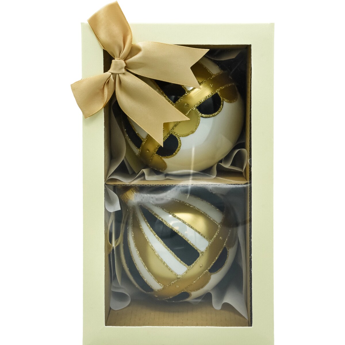 Bombka choinkowa: Okrągła biała: czarno-złoty 2 sztuki