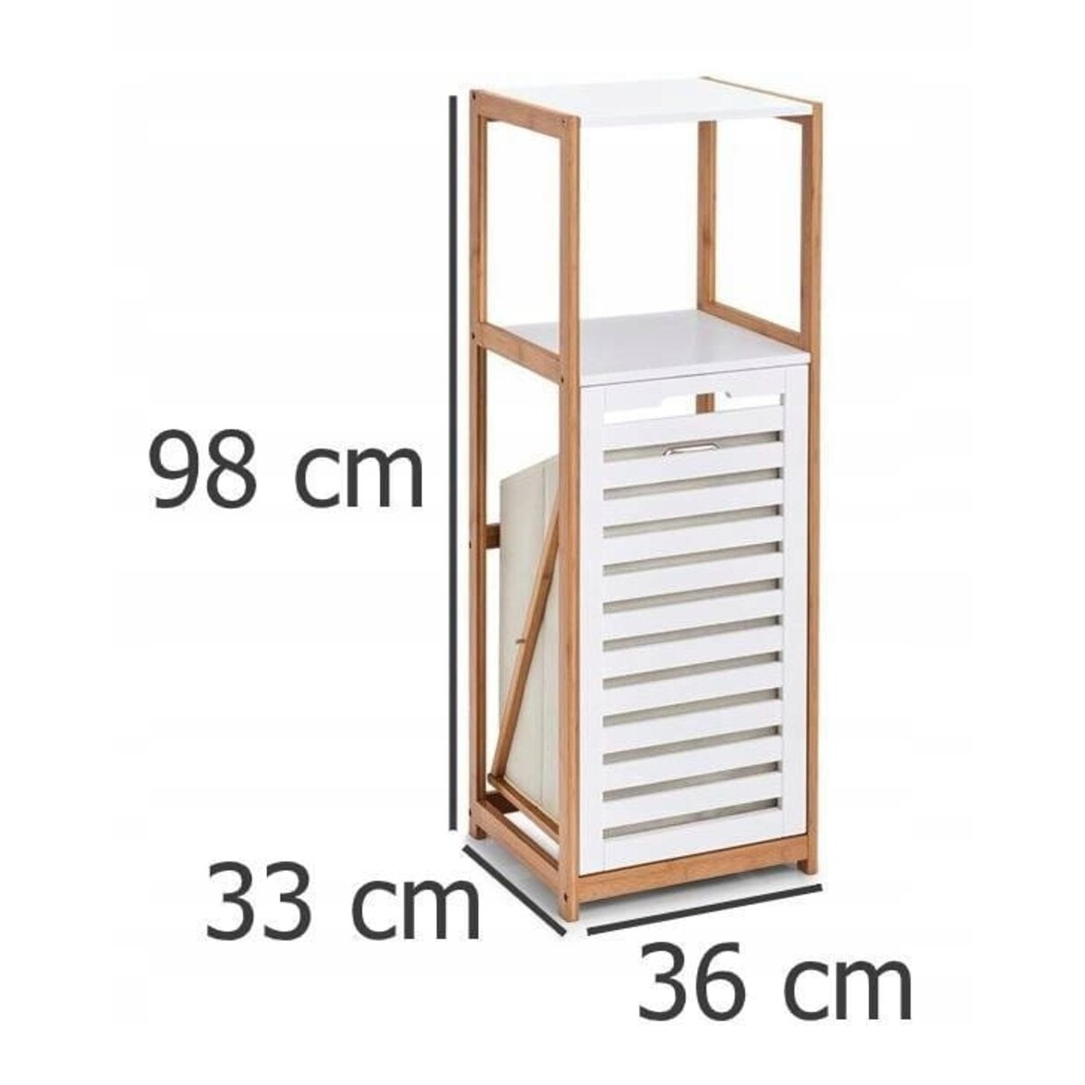 Bambusowa Szafka Łazienkowa z Koszem na Pranie Biała Pojemnik Praktyczna