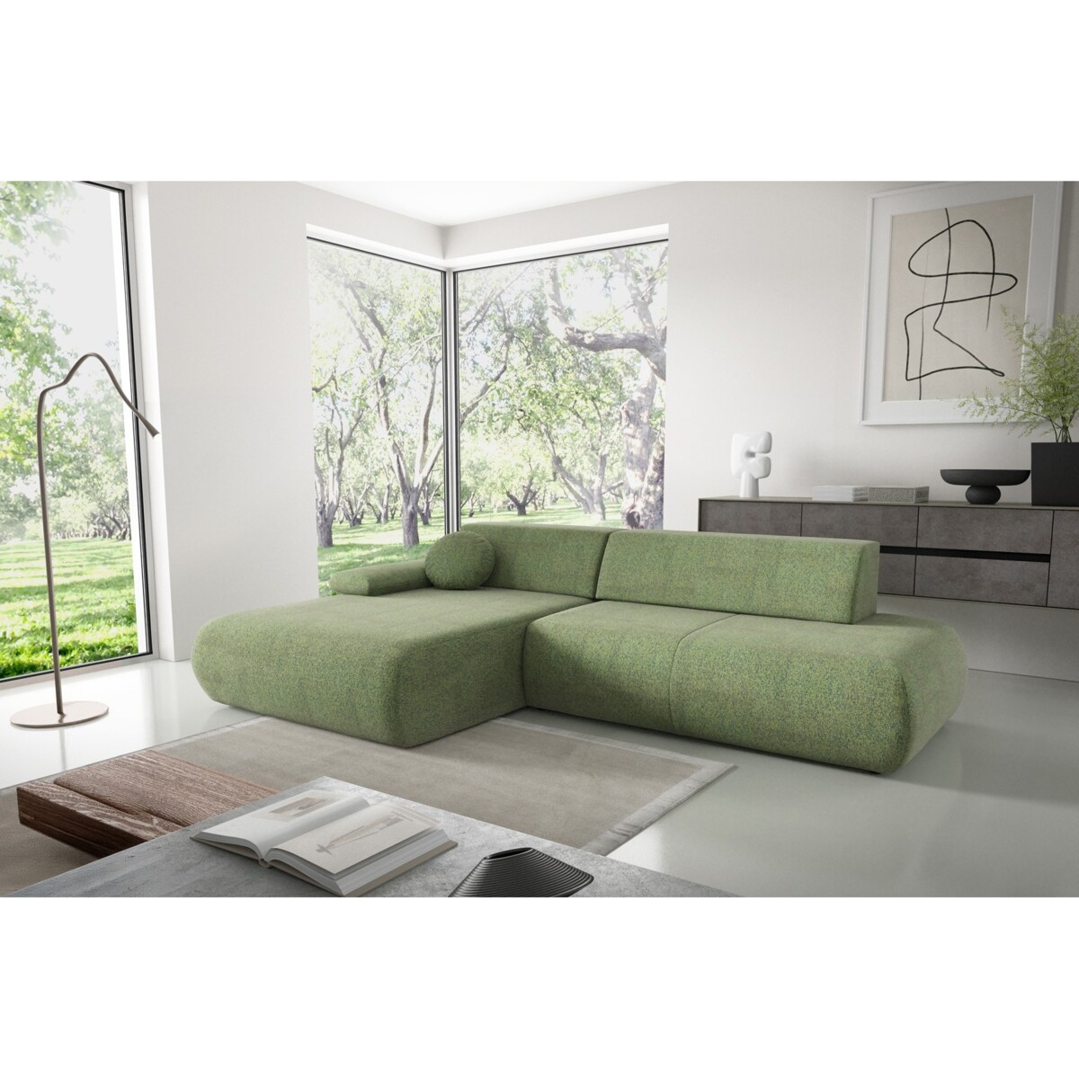 Narożnik rozkładany PENTI z pojemnikiem na pościel, lewy, zielony