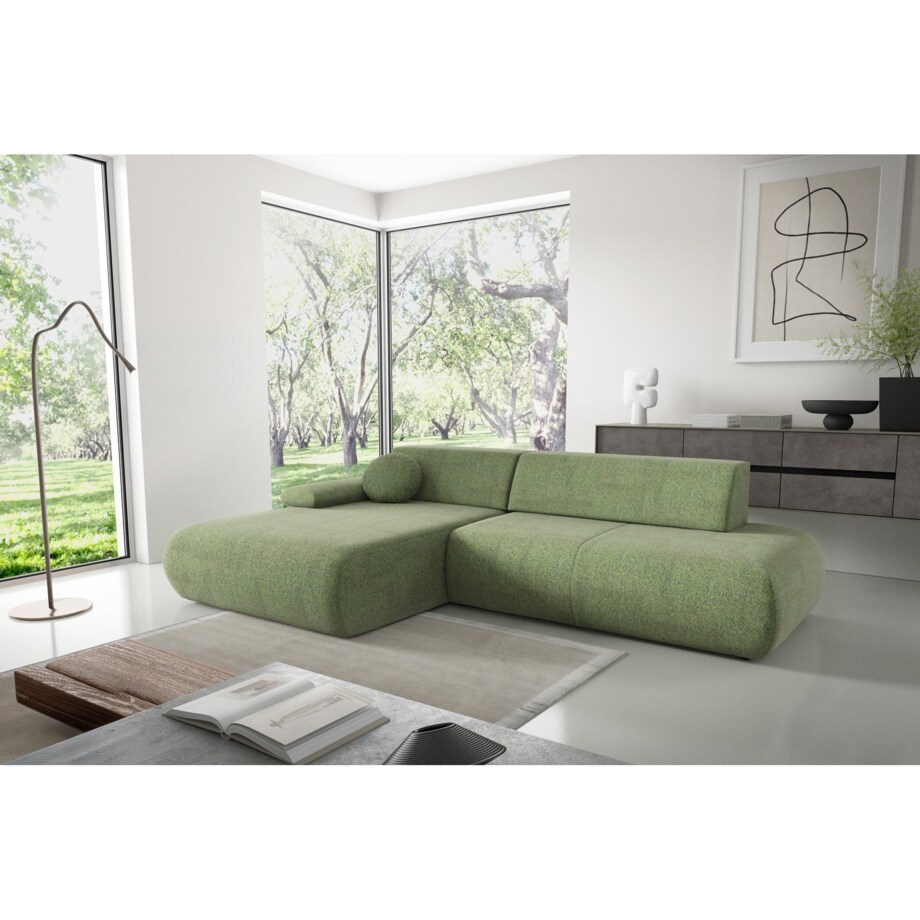 Narożnik rozkładany PENTI z pojemnikiem na pościel, lewy, zielony