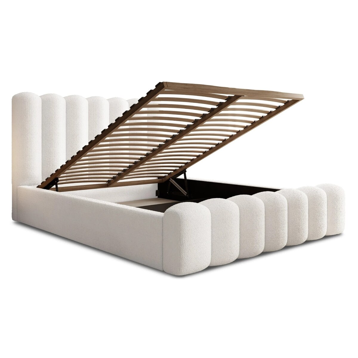 Łóżko ze stelażem i pojemnikiem białe bouclé Santos