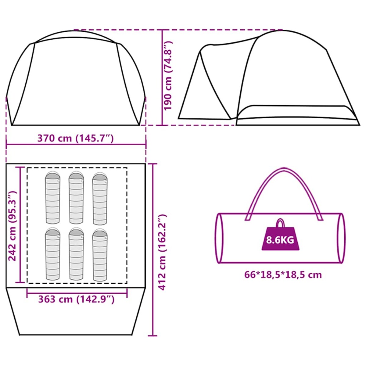 vidaXL Namiot z przedsionkiem, 6-os., szaro-pomarańczowy, wodoszczelny
