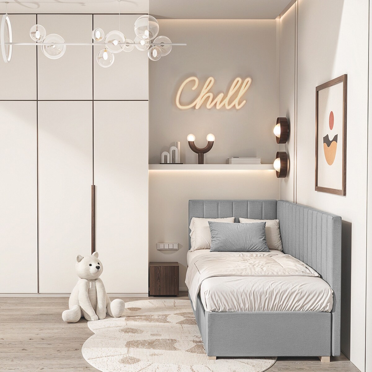 Mesonica Łóżko Snugi, linie szare, 90x200, Lewostronne