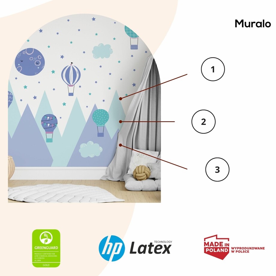 NAKLEJKI NA ŚCIANĘ DLA DZIECI KOLOROWE GÓRY BALONY CHMURKI GWIAZDY ZESTAW