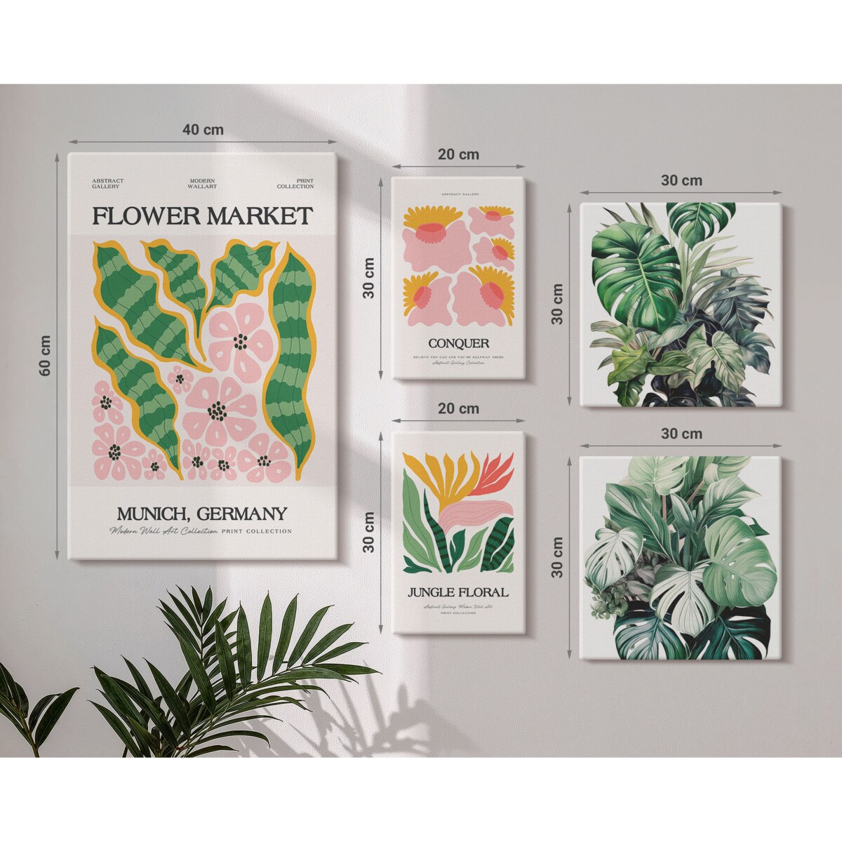 Zestaw 5 obrazów na płótnie - Roślinne motywy boho kwiaty - zielony