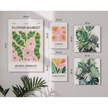 Zestaw 5 obrazów na płótnie - Roślinne motywy boho kwiaty - zielony