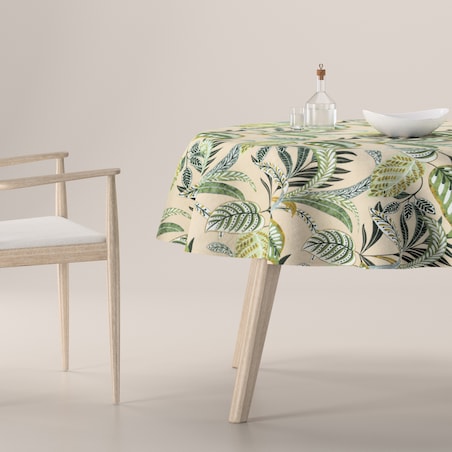Obrus okrągły 160 x 160 cm oliwkowo-zielone liście na lnianym tle
