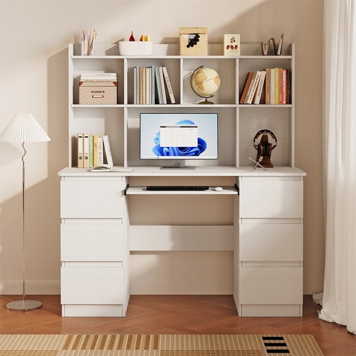 Biurko nowoczesne z nadstawką białe 6 szuflad półki do biura pokoju pracy