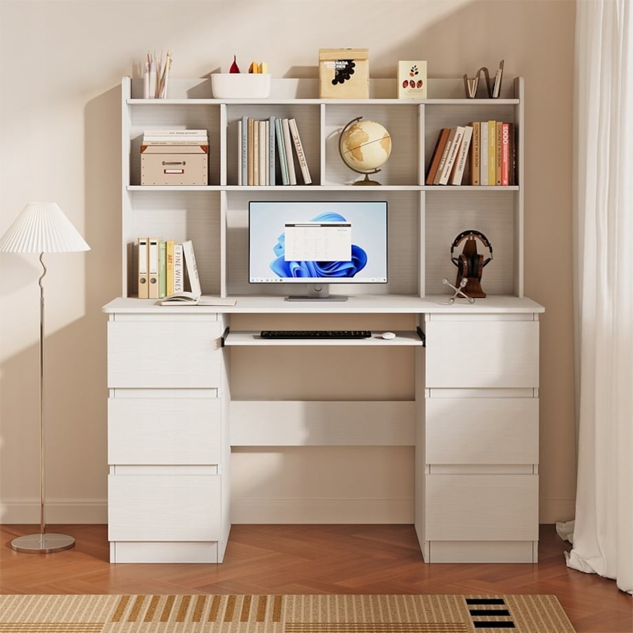 Biurko nowoczesne z nadstawką białe 6 szuflad półki do biura pokoju pracy