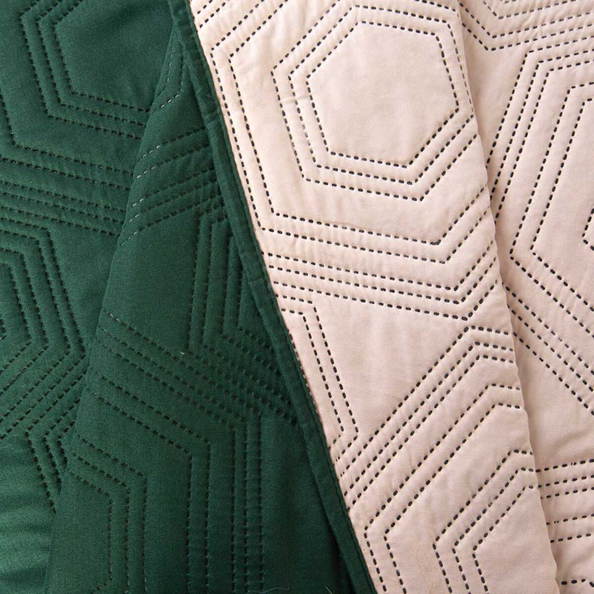 Narzuta pikowana dwustronna Tara 170x210 ciemna zieleń-jasny róż, ozdobne heksagony