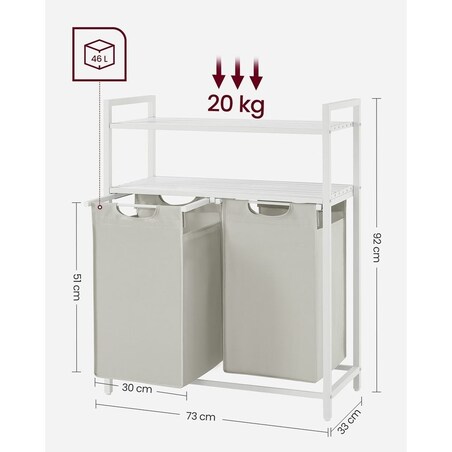 Kosz na bieliznę z 2 przegródkami, Biały, 2 x 46 L, 73x33x91 cm