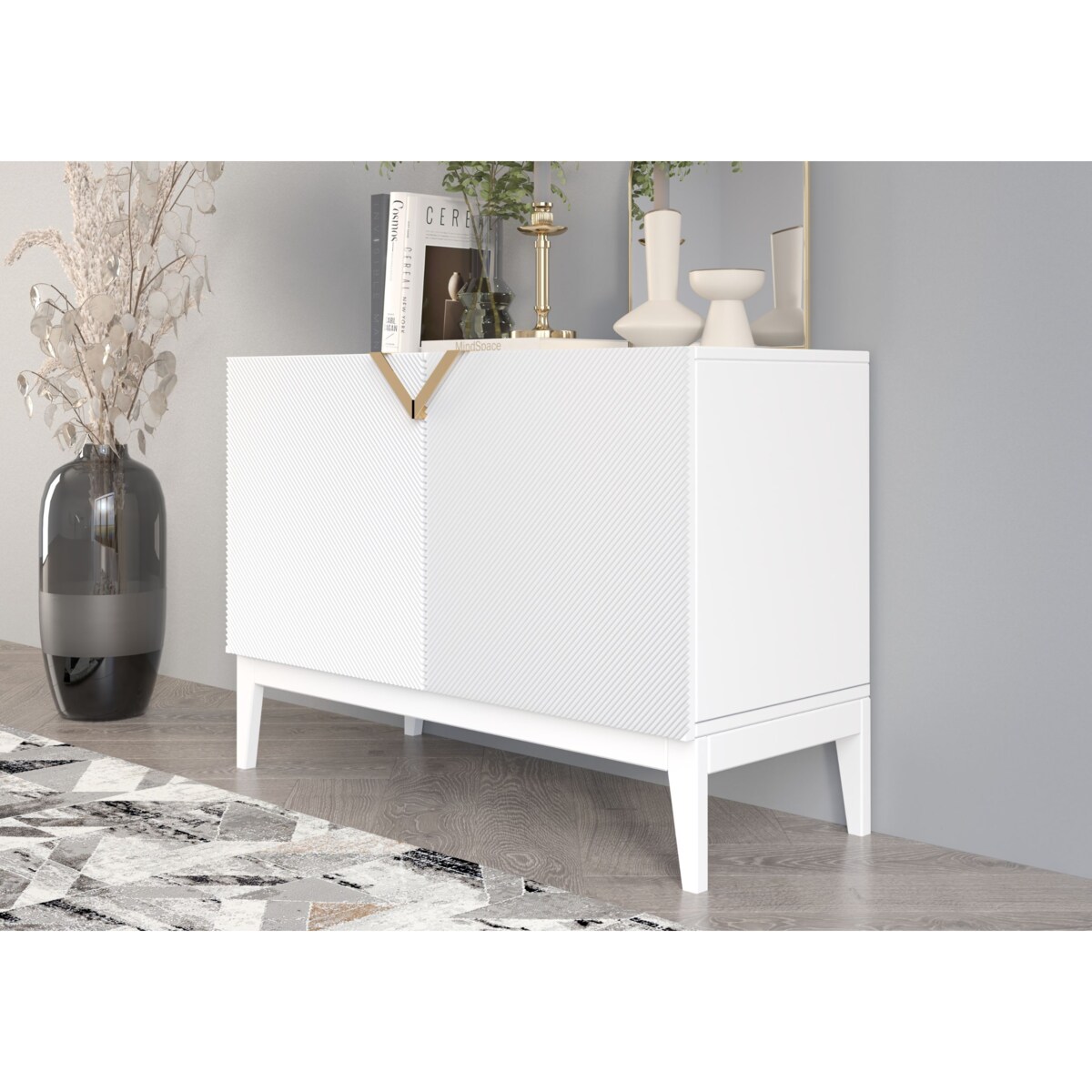 Drewniana komoda Visby DEMI LONG 2D / kolor biały + białe nogi / szer. 100,5 cm