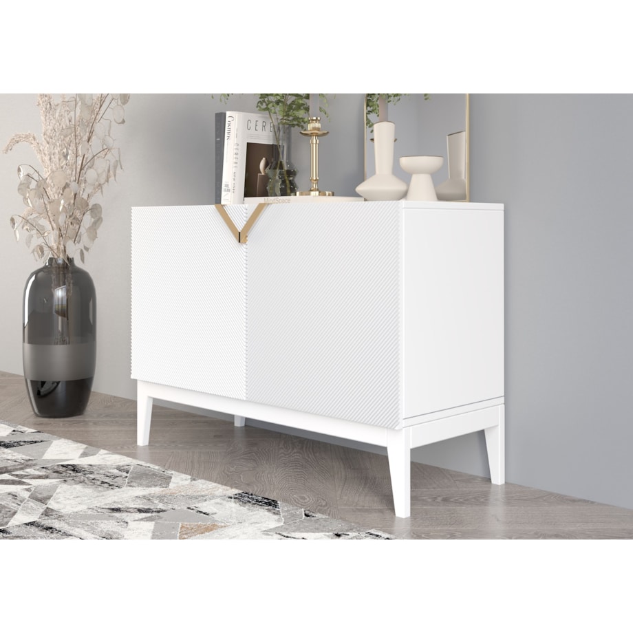 Drewniana komoda Visby DEMI LONG 2D / kolor biały + białe nogi / szer. 100,5 cm