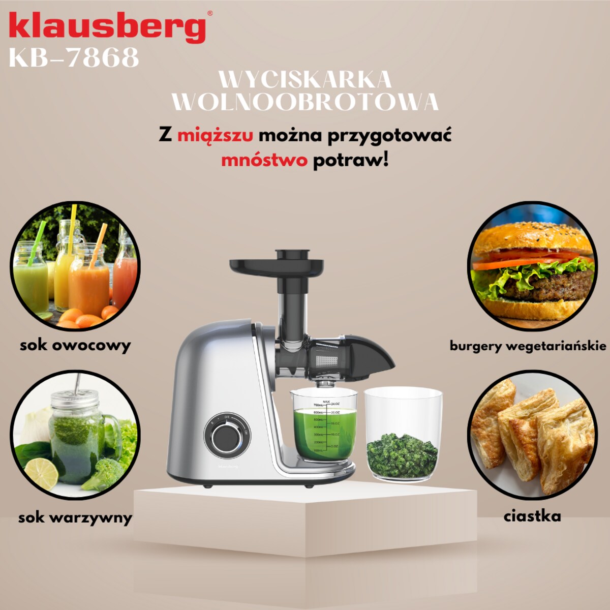 Sokowirówka wolnoobrotowa 150W do owoców i warzyw COLD PRESS KLAUSBERG KB-7868