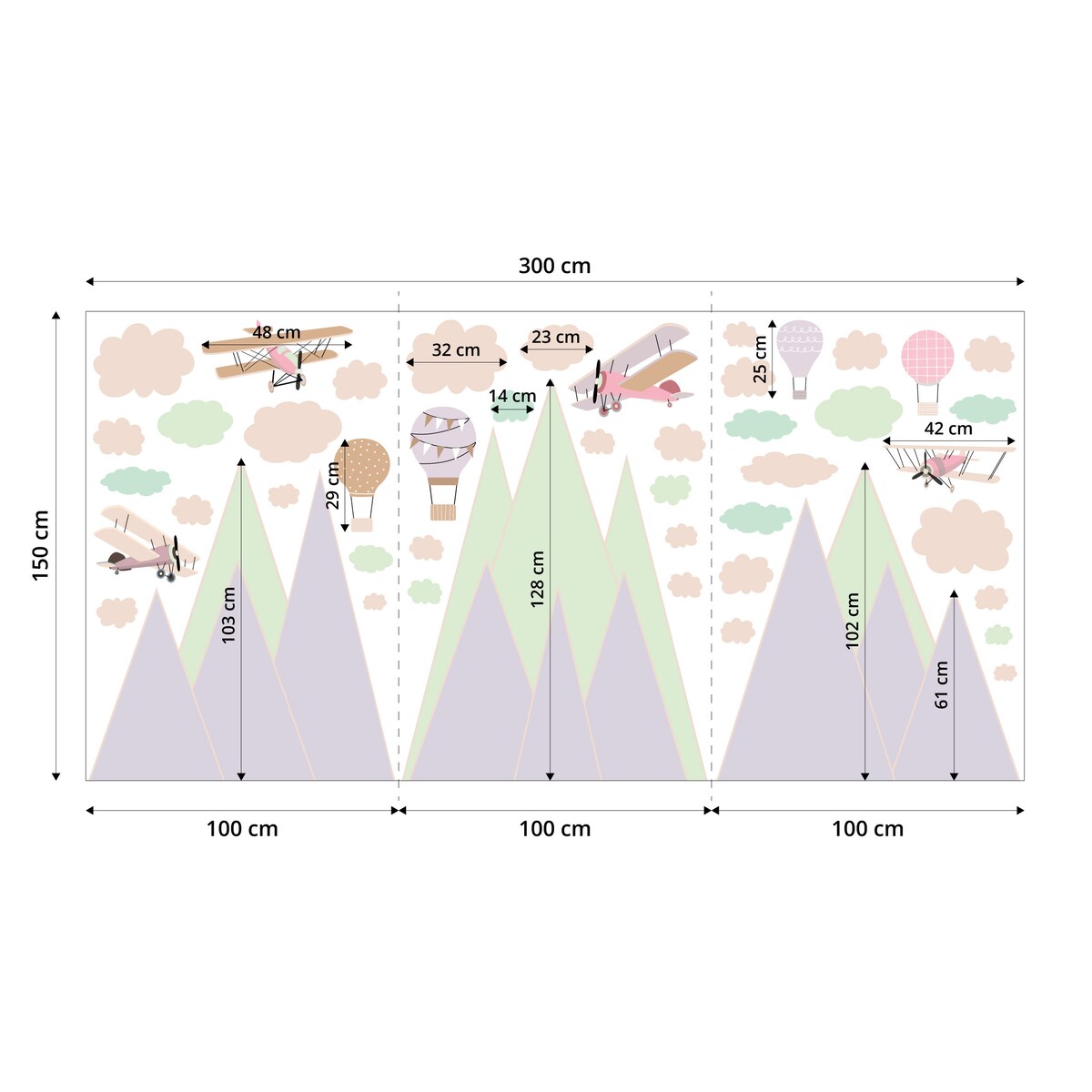 NAKLEJKI ŚCIENNE DLA DZIECI ZIELONE GÓRY BALONY SAMOLOTY STYL RETRO ZESTAW