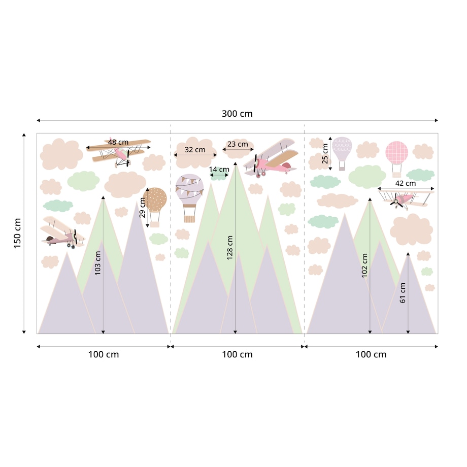 NAKLEJKI ŚCIENNE DLA DZIECI ZIELONE GÓRY BALONY SAMOLOTY STYL RETRO ZESTAW