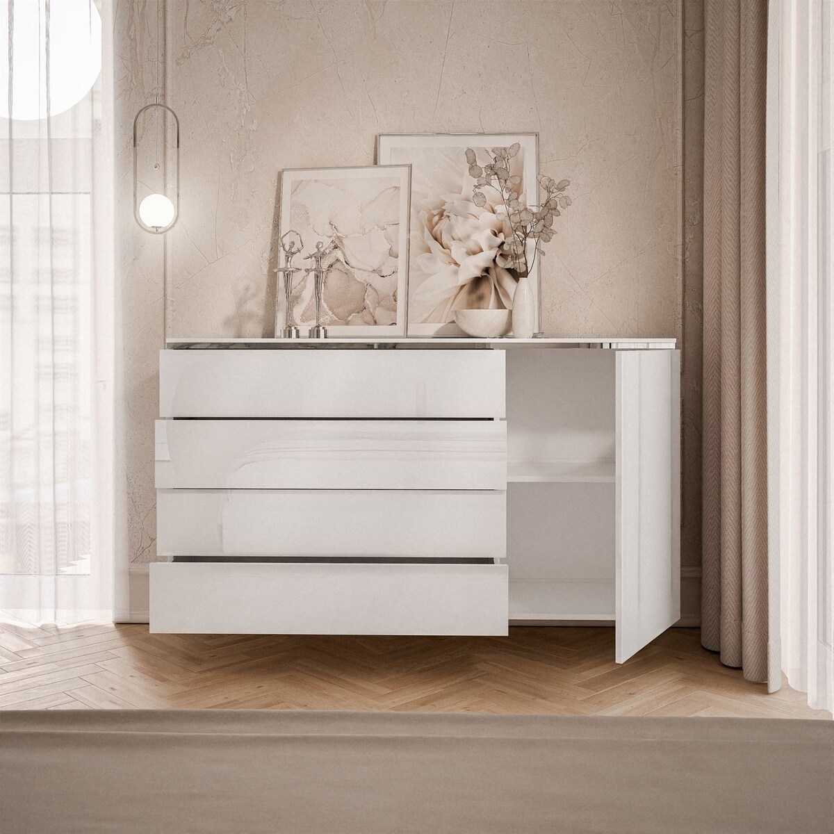 Komoda AURORA SILVER 4S1D biały połysk wisząca