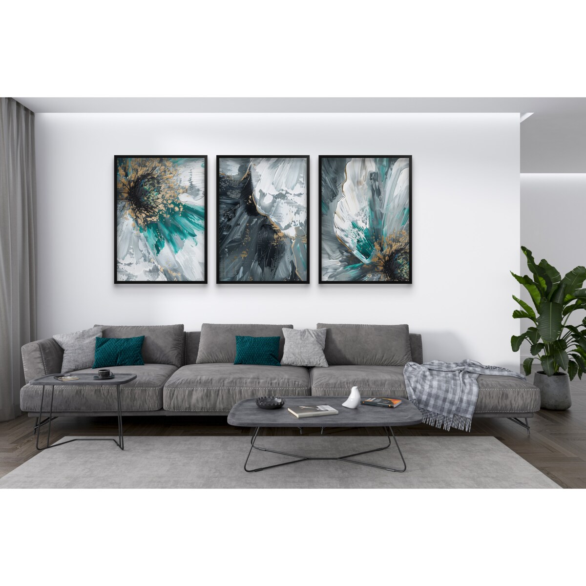 Komplet Plakatów na ścianę Obrazy ścienne do salonu Złote Kwiaty Akwarela