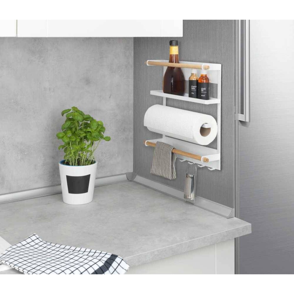 Wielofunkcyjna półka kuchenna MAGNA z uchwytem na ręcznik papierowy i haczykami, montaż bez wiercenia, WENKO