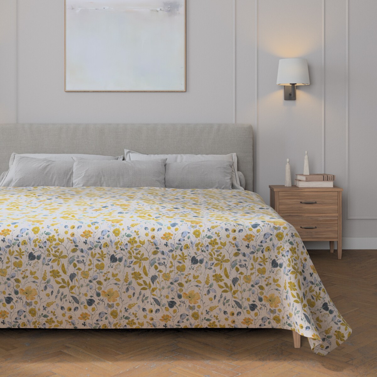 Pled narzuta 220x260cm 220x260 żółto-niebieskie kwiaty na kremowym tle