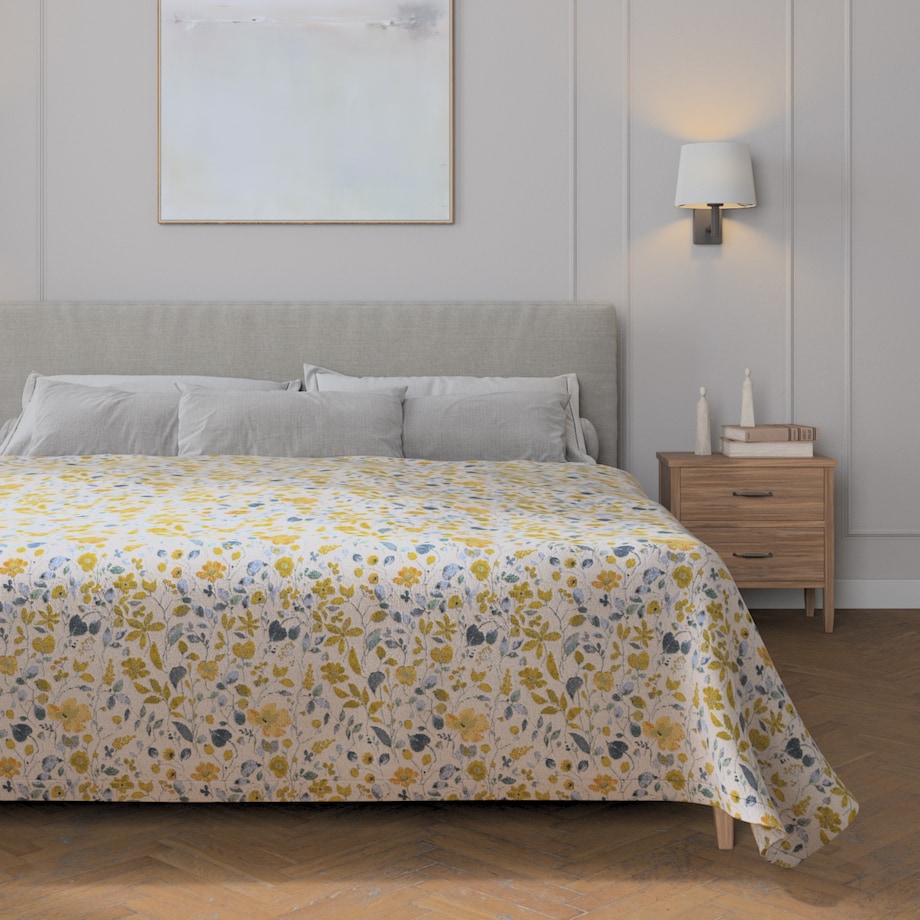 Pled narzuta 220x260cm 220x260 żółto-niebieskie kwiaty na kremowym tle
