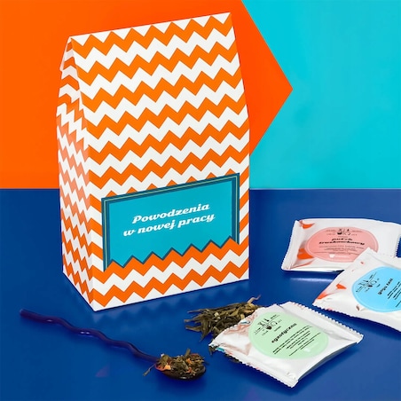 Gotowy zestaw prezentowy personalizowany POMARAŃCZOWY herbata sypana PREMIUM różne smaki mix 10szt. prezent upominek podziękowanie dla kobiety faceta mamy