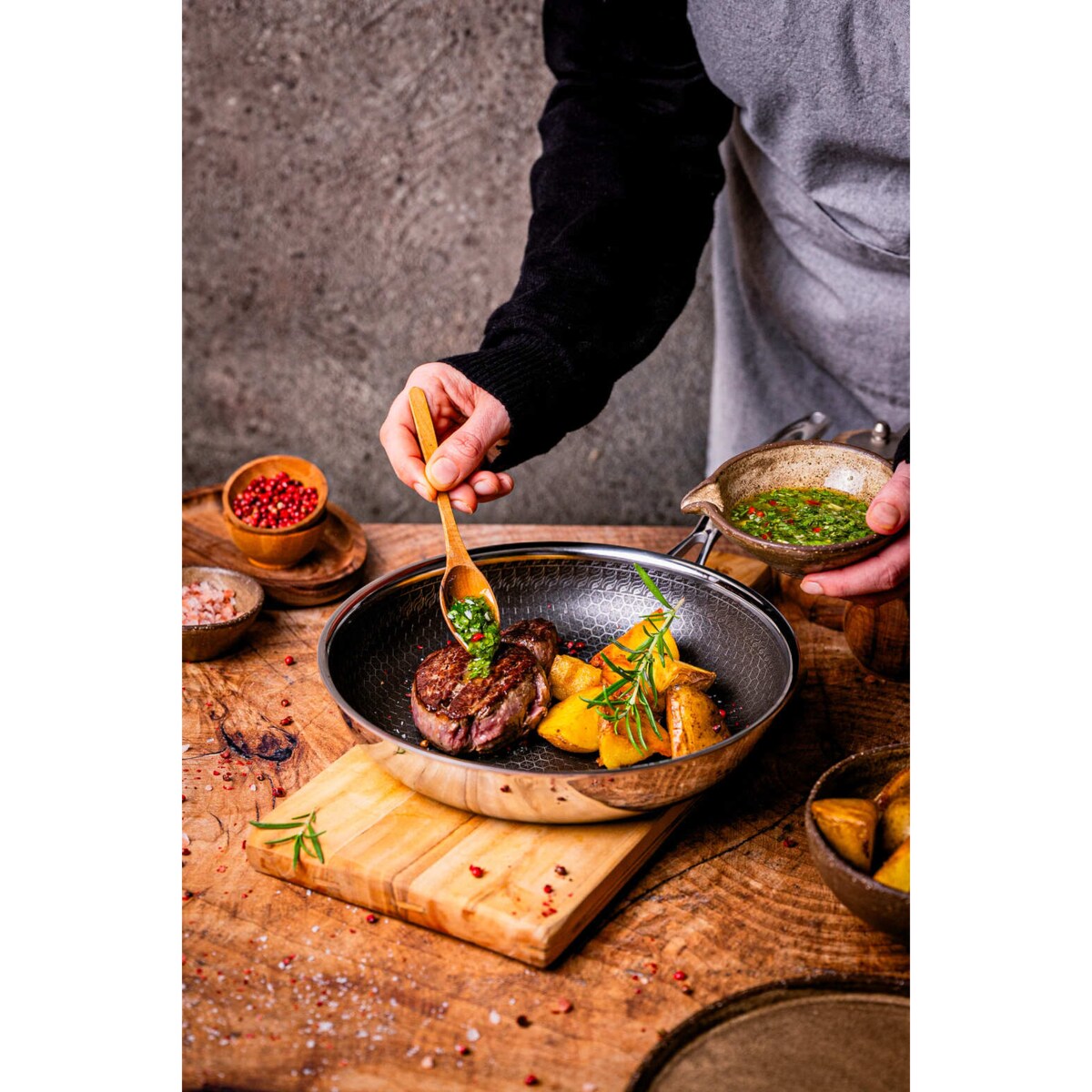 Profesjonalna patelnia ceramiczna Kanso 24 cm z pokrywką Plaster miodu Na indukcje Na gaz Nierdzewna