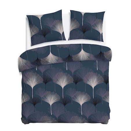 Pościel satyna bawełniana 220x200 Lunavia liście miłorzębu na niebieskim tle, Satynlove