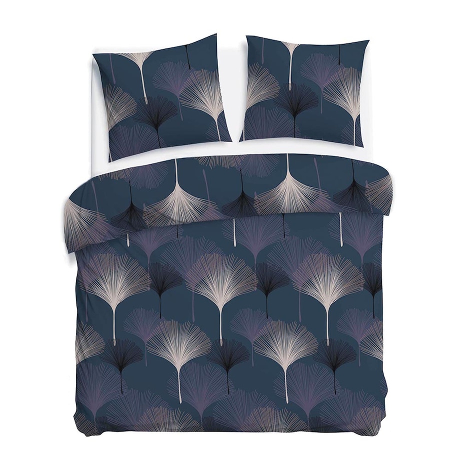 Pościel satyna bawełniana 220x200 Lunavia liście miłorzębu na niebieskim tle, Satynlove