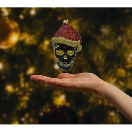 Bombka choinkowa: Czaszka w czapce świętego Mikołaja z złotymi akcentami