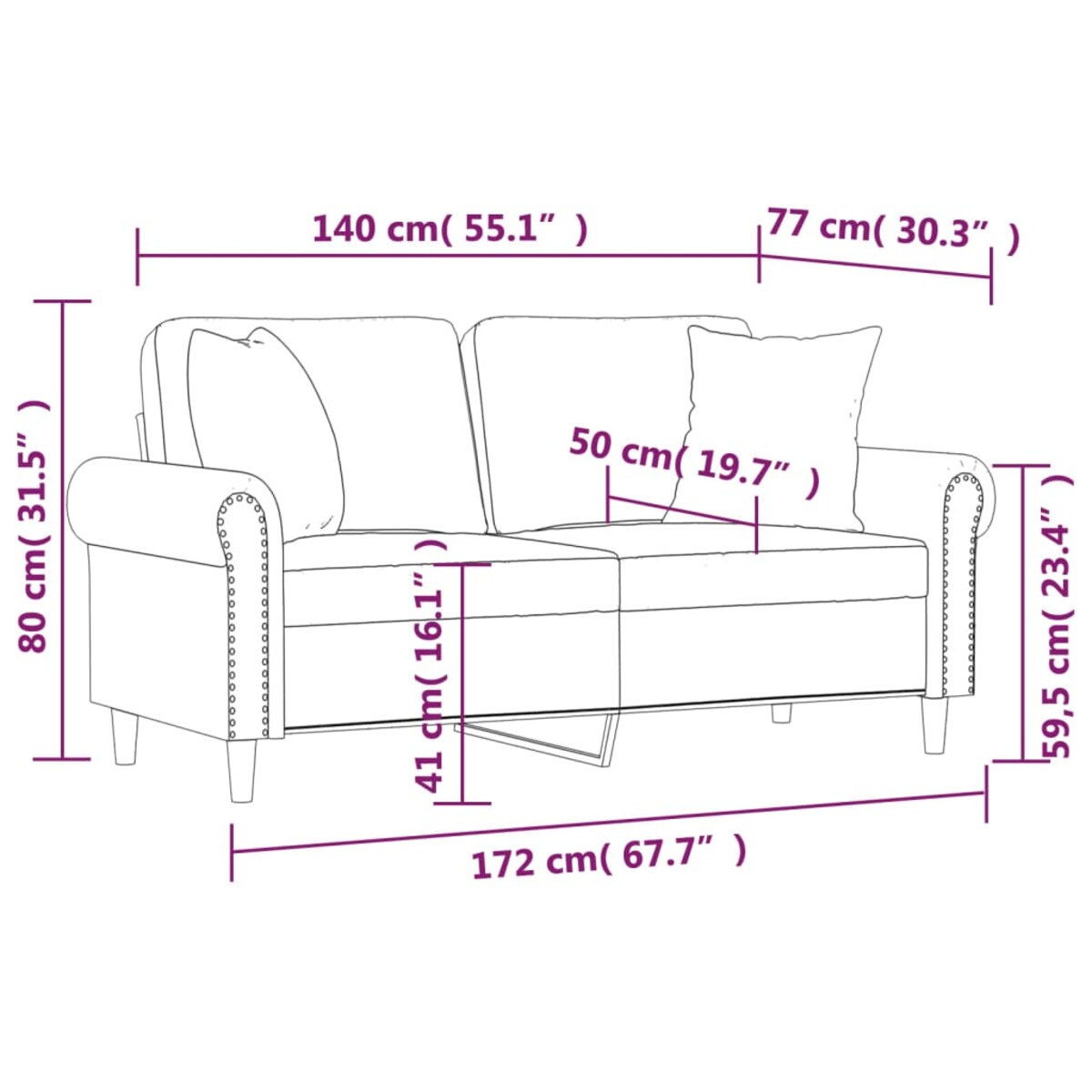 vidaXL 2-osobowa sofa z poduszkami, różowa, 140 cm, aksamit