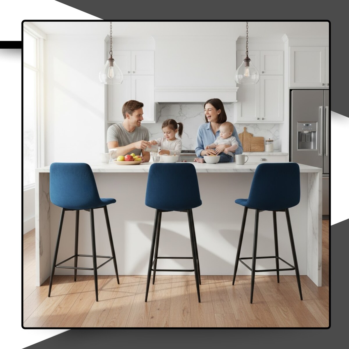 Hoker do wyspy welurowy granatowy z podnóżkiem