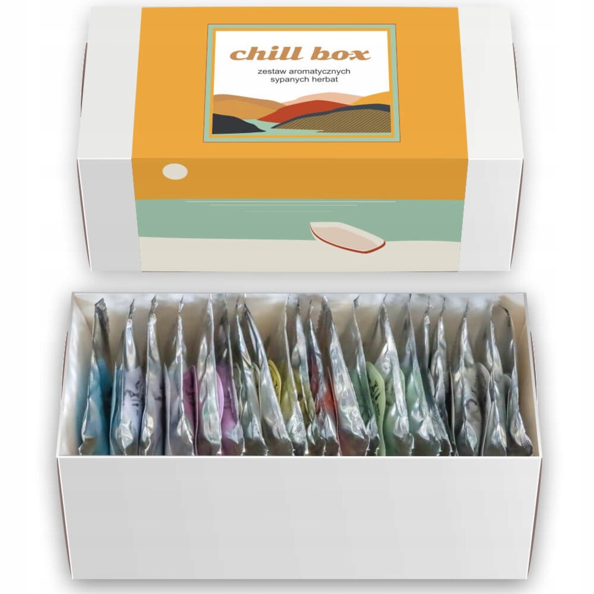 Zestaw prezentowy upominkowy box "CHILLOUT" 20 saszetek z różnymi herbatami sypanymi - prezent upominek dla kobiety faceta żony babci dziadka dziewczyny chłopaka