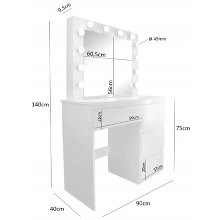 Toaletka kosmetyczna 90 cm z lustrem LED biała nowoczesna loft