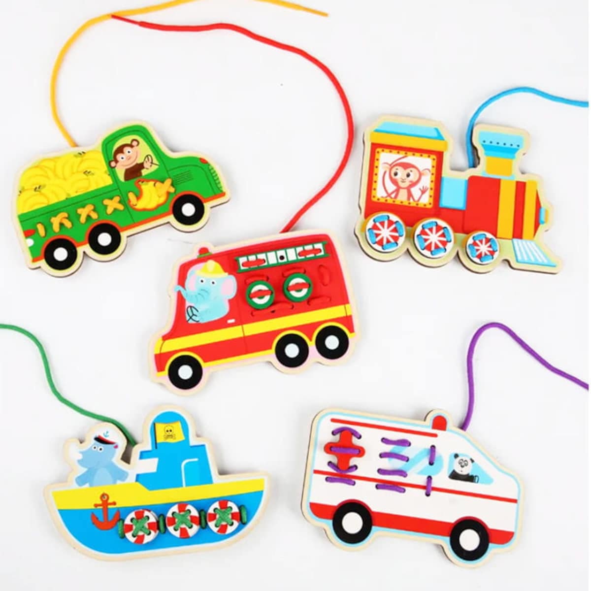 Puzzle drewniane Montessori - sznurówki - nauka wiązania Pojazdy