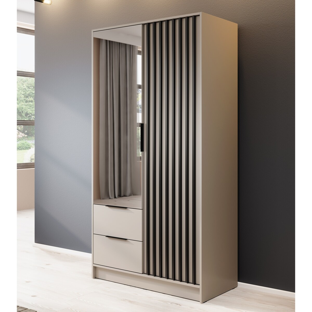 Szafa KELLY z lamelami i lustrem 105 cm - kaszmir