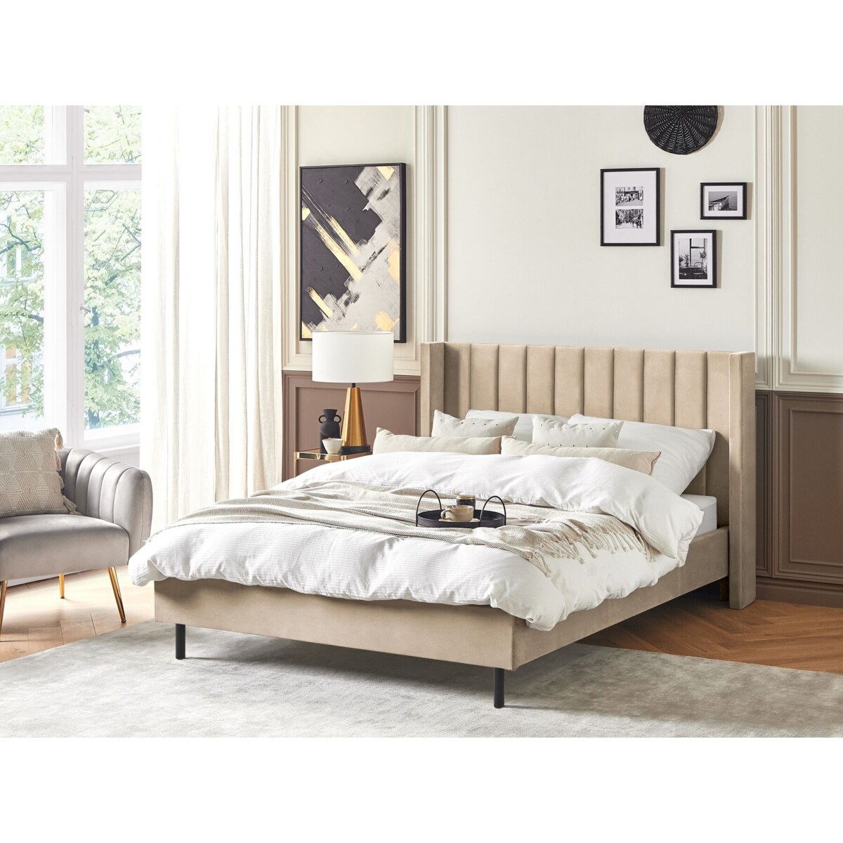 Łóżko welurowe 140 x 200 cm beżowe VILETTE