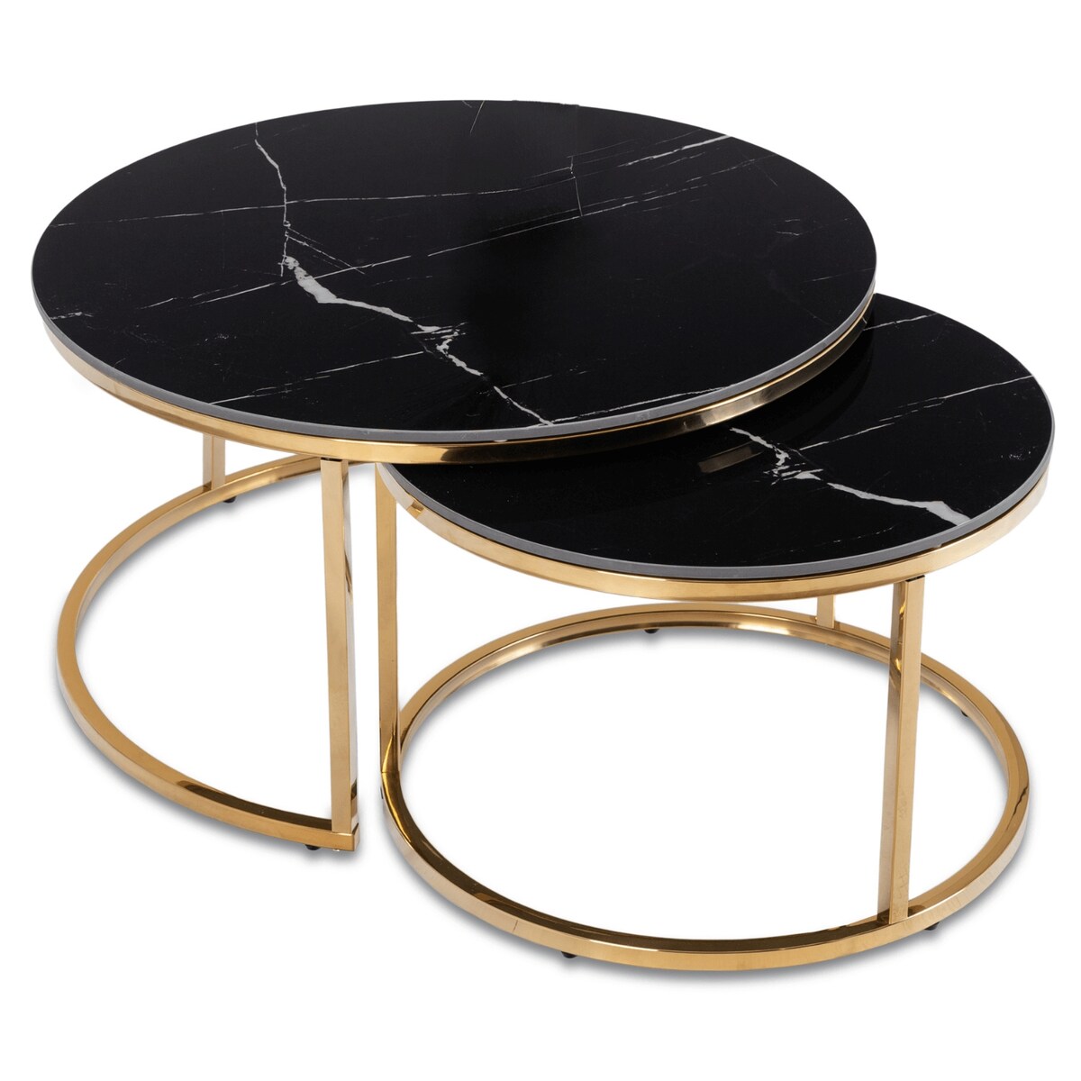 Stolik Kawowy Okrągły Zestaw 2w1 Ława Glamour Marmur Czarny Złoty MILANO