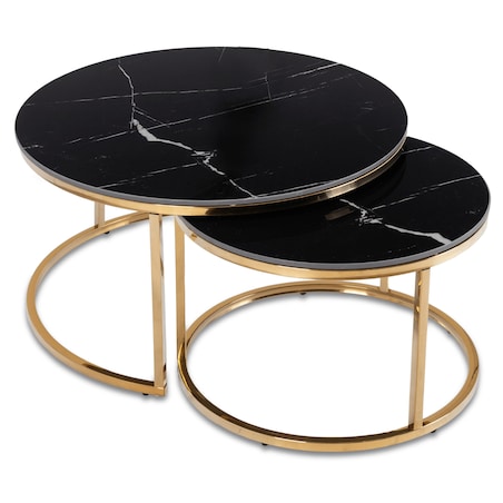 Stolik Kawowy Okrągły Zestaw 2w1 Ława Glamour Marmur Czarny Złoty MILANO