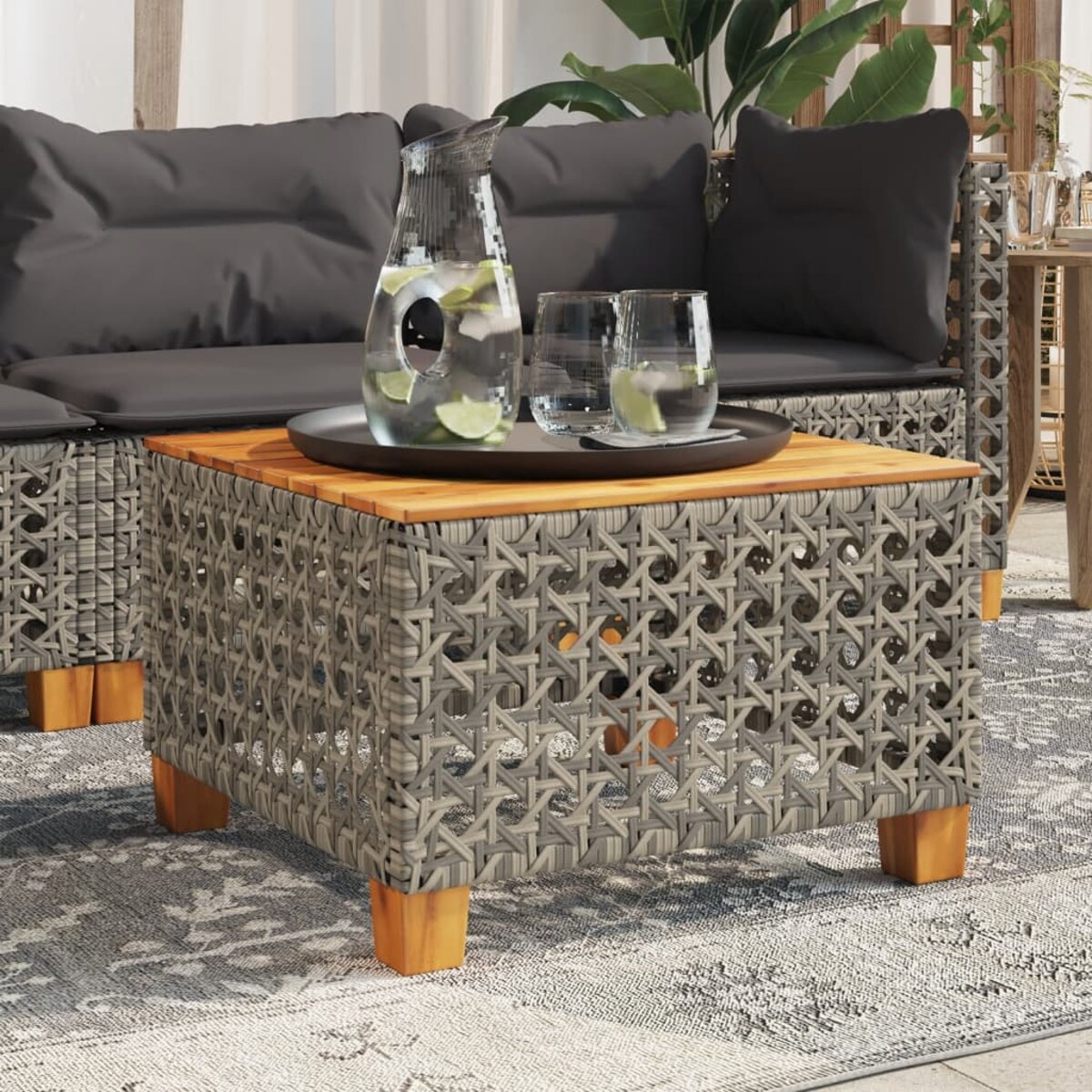 vidaXL Stolik ogrodowy, szary, 55x55x36 cm rattan PE i drewno akacjowe