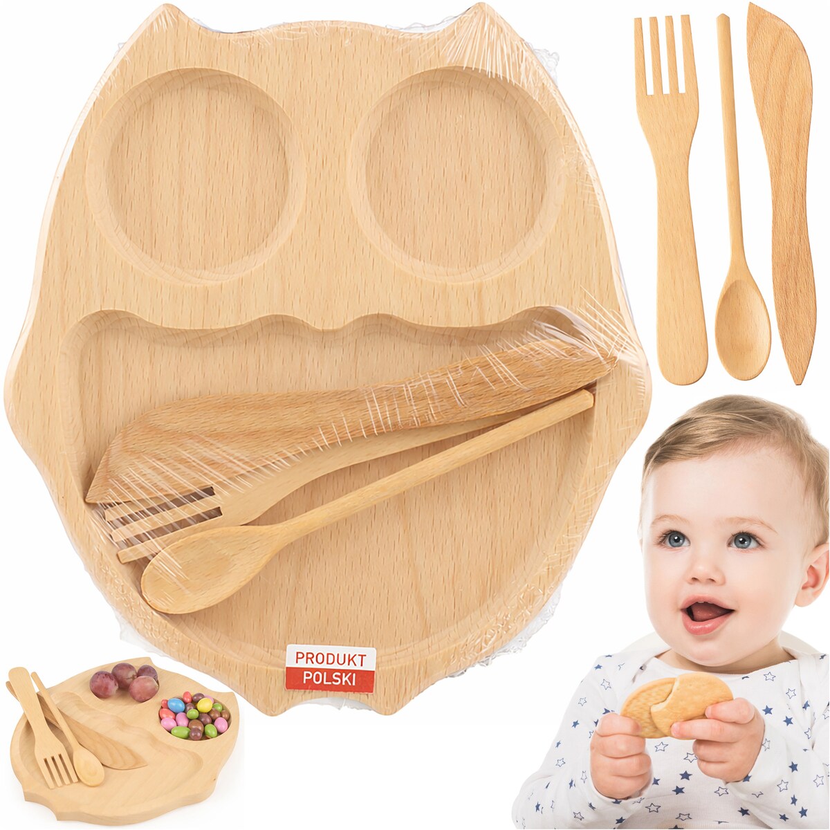 Tacka Drewniana Dla Dzieci Sowa Zestaw Talerzyk + Sztućce Naturalne Drewno