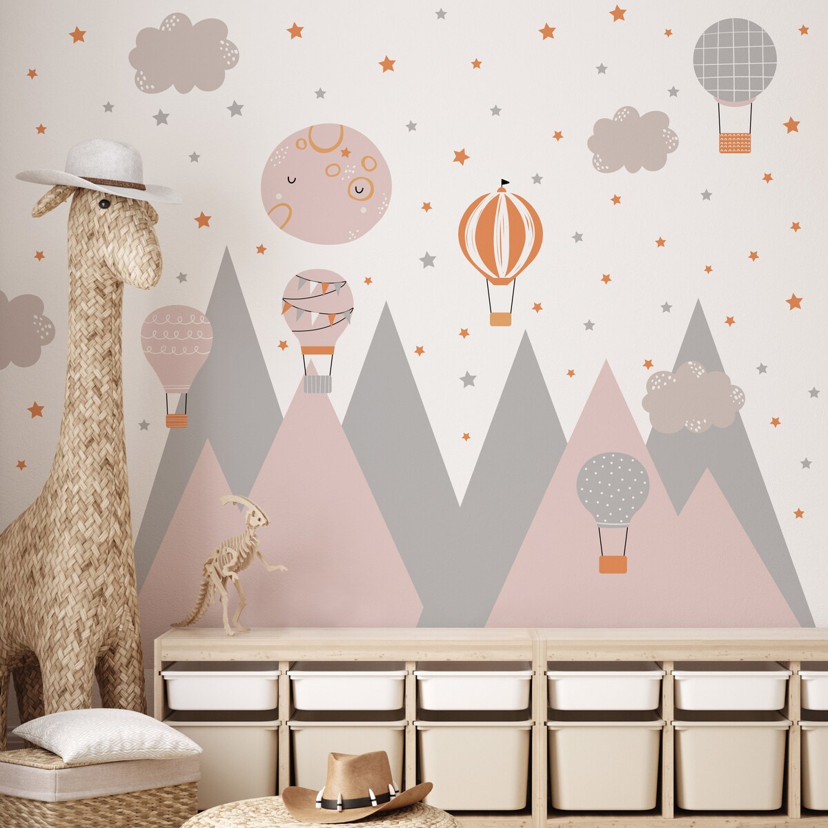 ZESTAW NAKLEJEK DLA DZIECI NA ŚCIANĘ RÓŻOWE GÓRY GWIAZDY CHMURKI