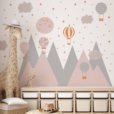 ZESTAW NAKLEJEK DLA DZIECI NA ŚCIANĘ RÓŻOWE GÓRY GWIAZDY CHMURKI