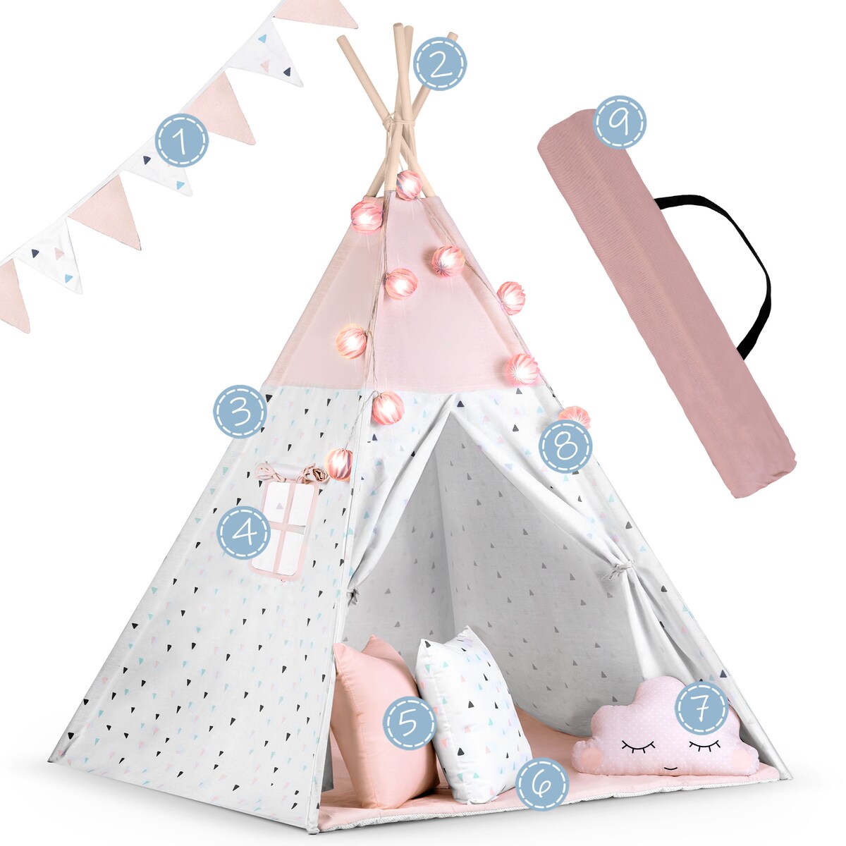 Tipi namiot wigwam dla dzieci teepee girlanda poduszki stabilizator Nukido