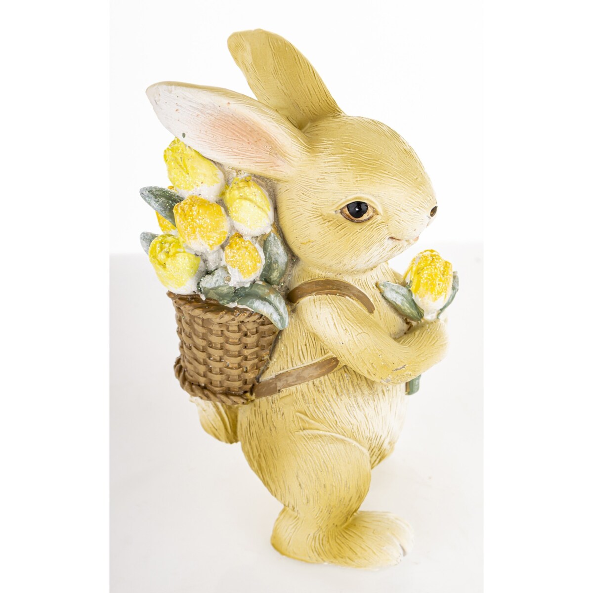 Dekoracja - króliczek z koszem tulipanów na plecach 11x4,5x6 cm