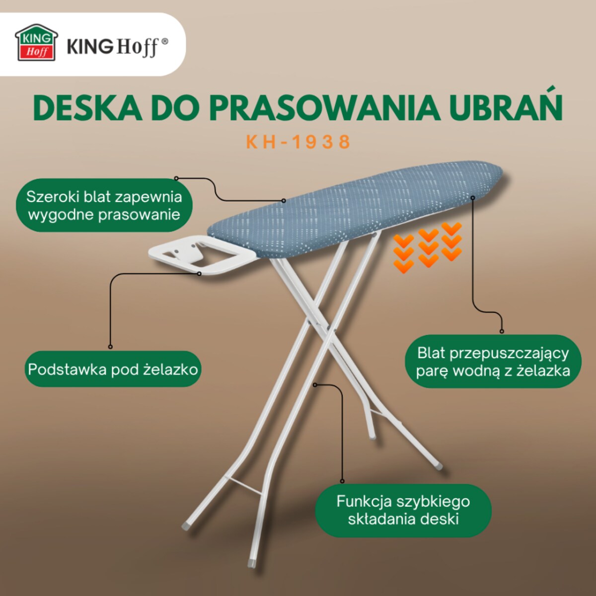 Deska do prasowania z podstawką, 4 poziomy regulacji, KINGHOFF