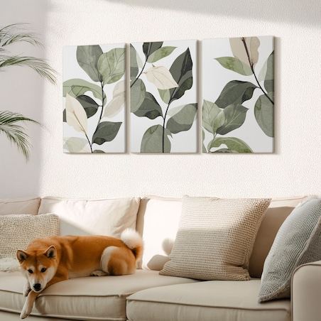 Zestaw 3 dużych obrazów na płótnie - Malowane liście roślin boho boho - zielony