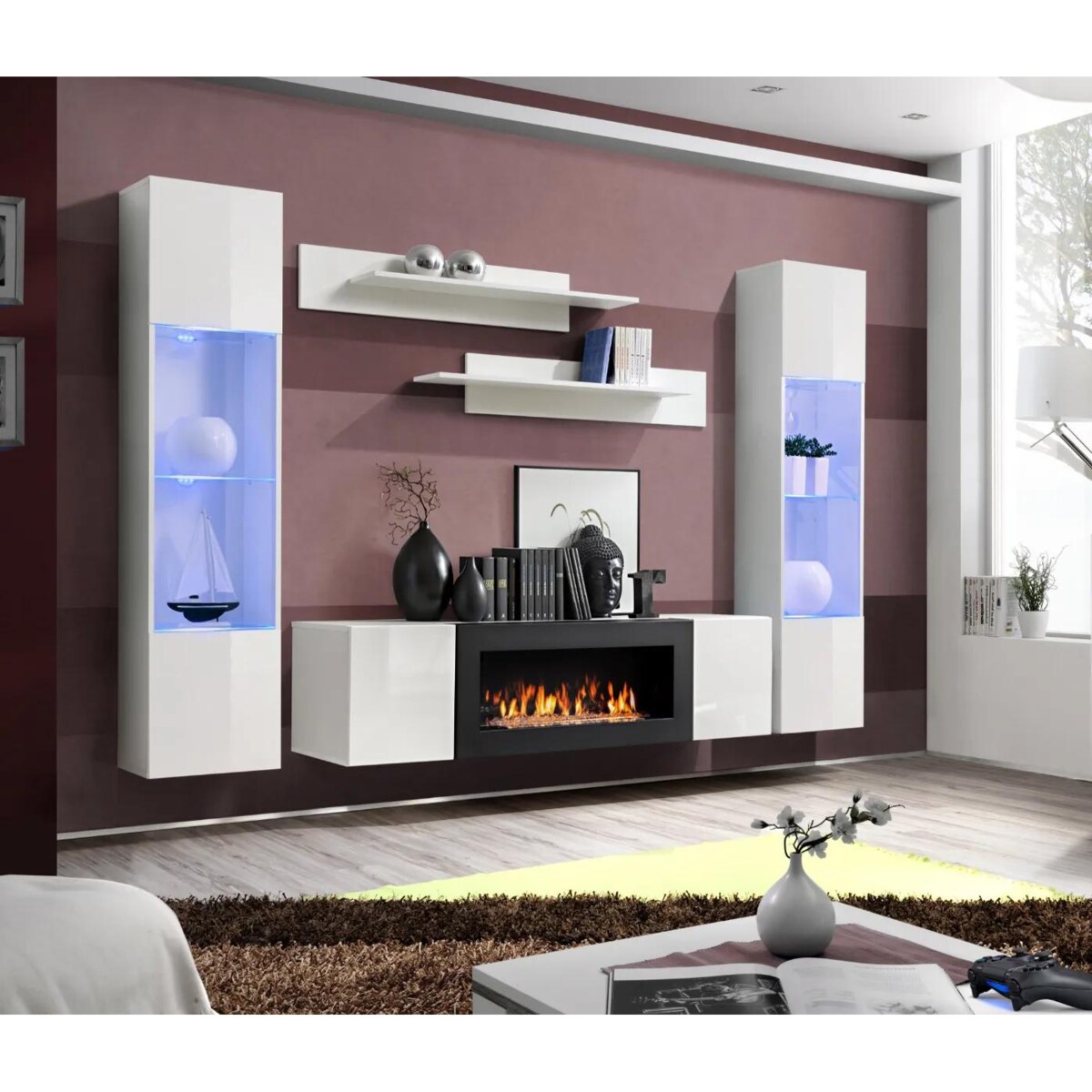 Meblościanka FLY M3 biały połysk/biały mat z biokominkiem