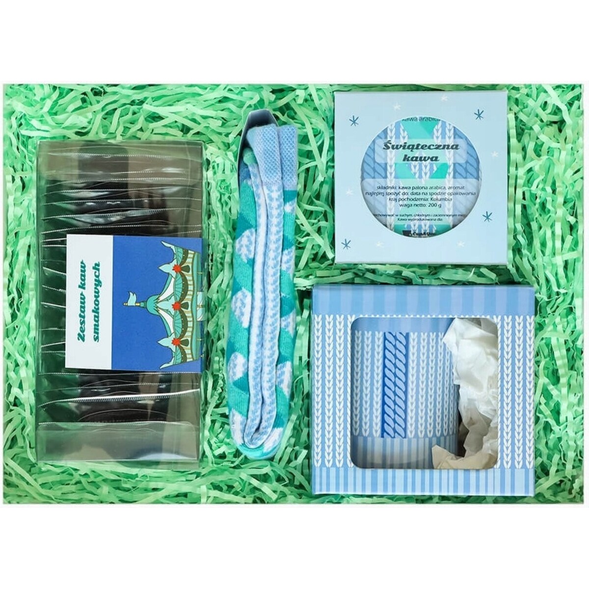 DUŻY ZESTAW PREZENTOWY GIFT BOX KOSZ KAWY SMAKOWE MIELONE W SASZETKACH KUBEK SKARPETY PREZENT UPOMINEK POD CHOINKĘ NA ŚWIĘTA GWIAZDKĘ MIKOŁAJA BOŻE NARODZENIE DLA KOBIETY FACETA MĘŻCZYZNY
